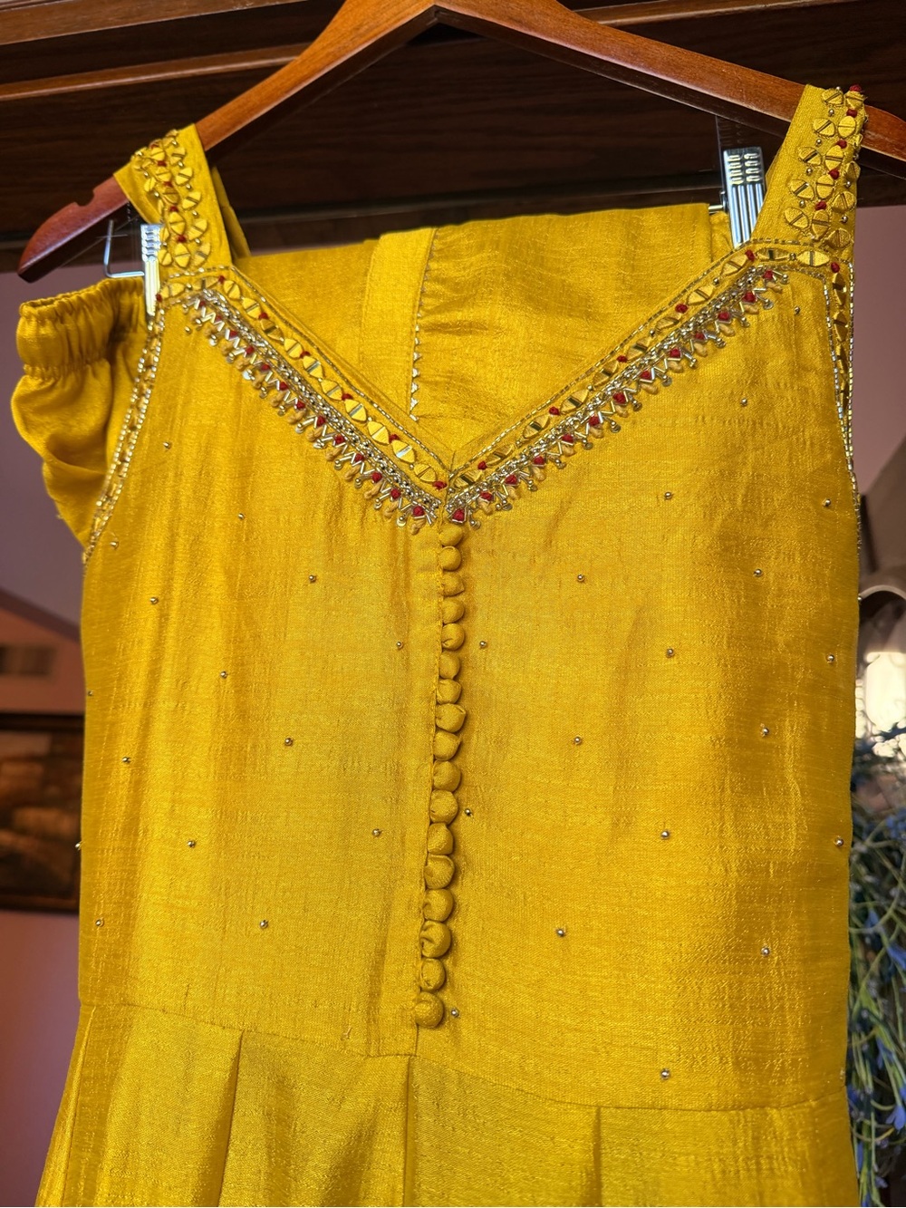 Yellow Beaded mirror V-Neck strappy Indian suit with dhoti pants.